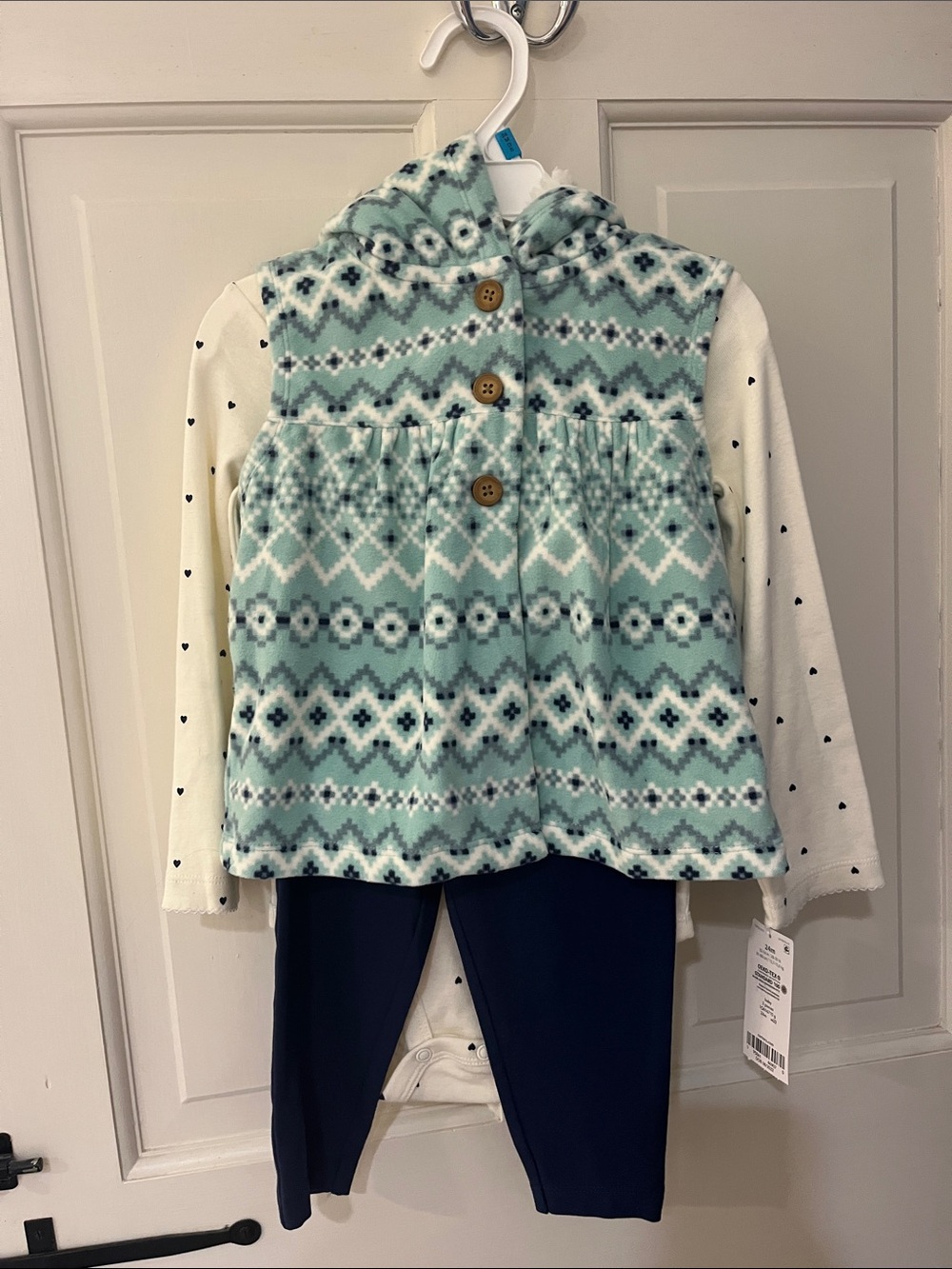 Carter's Mint & Navy Patterned Fleece Vest with Hood. NEW WITH TAGS